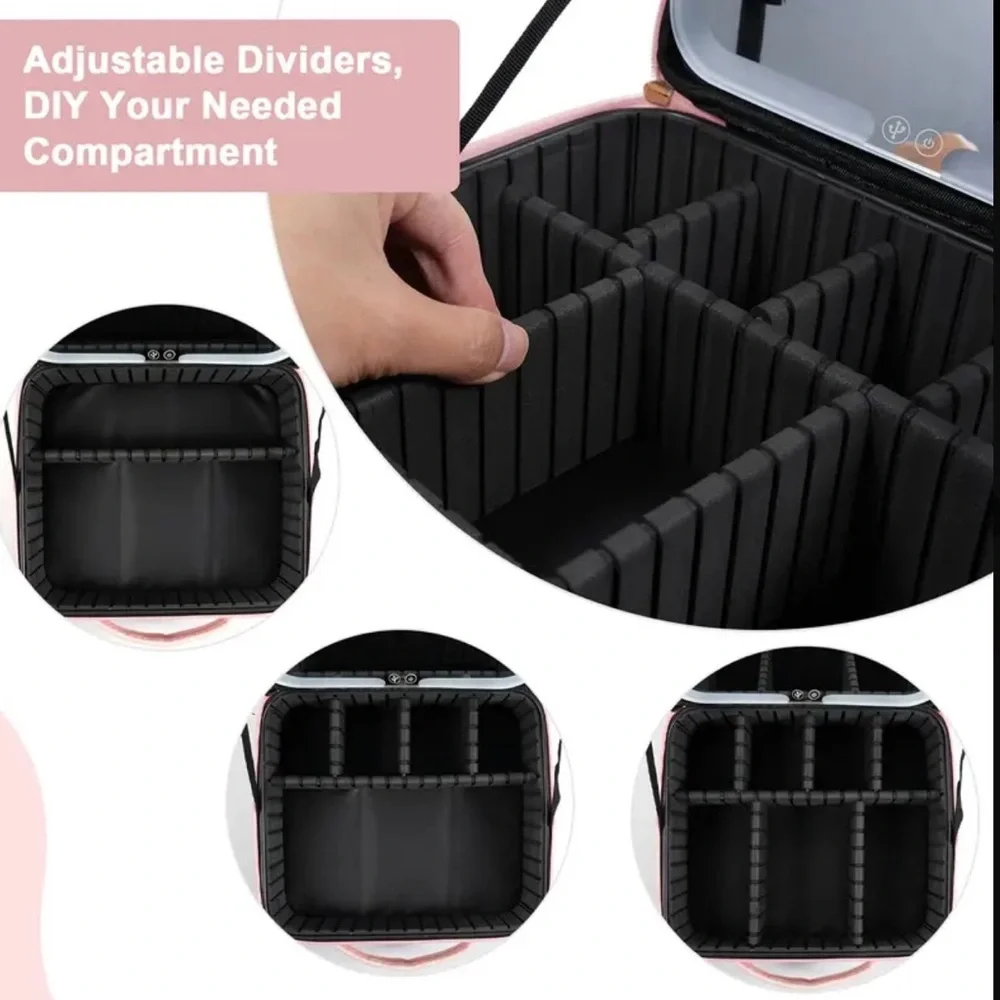 Cosmetic Storage Bag With LED Light Partition Organizer Large Travel Pink